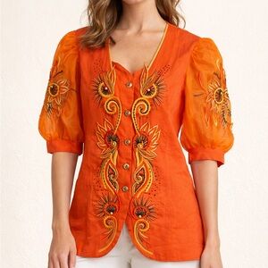 Vintage Miss Milan Embroidered Linen Jacket Top Orange Beaded Statement Size 14